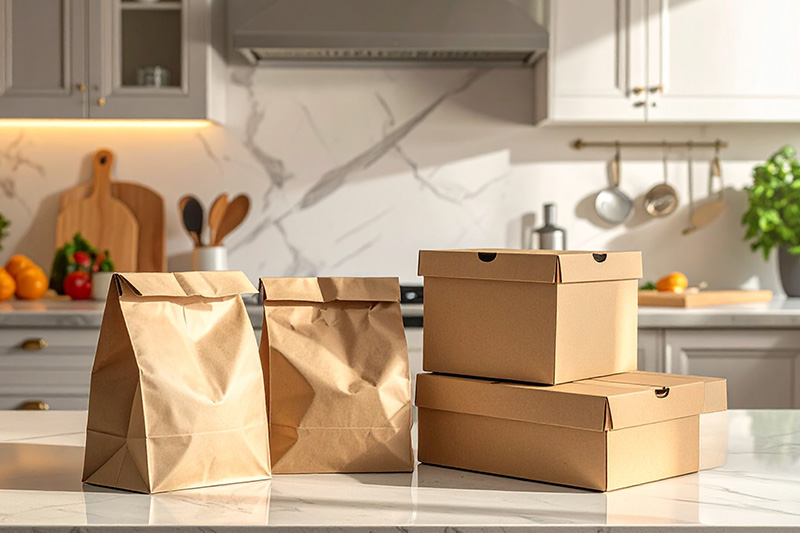Brown paper bags and cardboard takeout boxes neatly arranged on a modern kitchen countertop, with cooking utensils and fresh vegetables in the background.